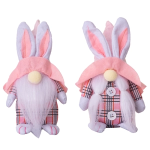 Set of two pink plaid Easter bunny gnomes plush figurines with long ears and soft beards