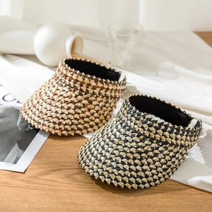Stylish open-top woven straw sun visors in light brown and mixed colors for summer