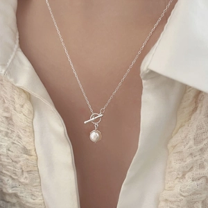Artificial Pearl Pendant Necklace S999 Sterling Silver French Luxury OT Toggle Buckle Minimalist Jewelry For Women