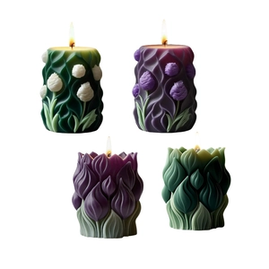 Cylindrical tulip aroma candle mold set with 3D floral relief in green and purple