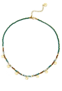Detail of colorful beads and gold stainless steel disc pendants on a beaded necklace