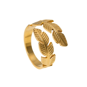 Elegant gold feather stainless steel open ring with adjustable leaf design for women