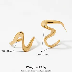 Gold stainless steel irregular wavy spiral earrings with 3D streamlined texture
