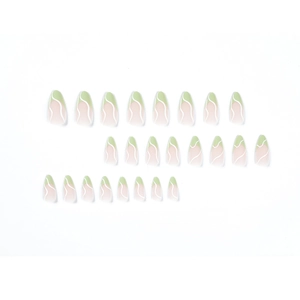Frosted green French press-on nails with white wave patterns in almond shape 24pcs