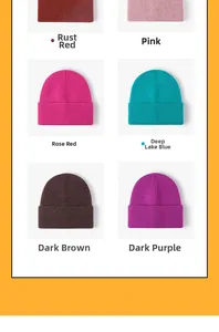 Detail showing various knit beanie colors including rust red, magenta, and dark coffee