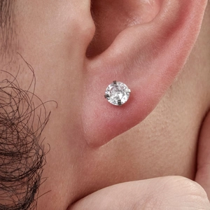Classic stainless steel stud earring with round cubic zirconia in a four-prong setting