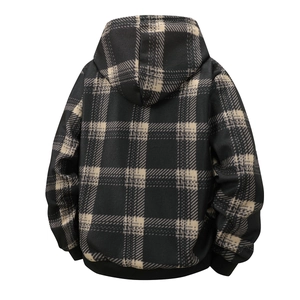 Detailed back view of a men's thick plaid hooded cardigan with black rib-knit cuffs