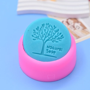 3-layer round silicone mold for handmade soap with tree relief and Natural Soap text
