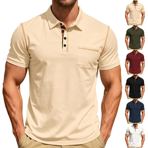 Short sleeve polo shirt in beige cotton knit with chest pocket and contrast stitching