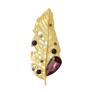 Exquisite hollow leaf brooch in gold finish with purple crystals for women suit