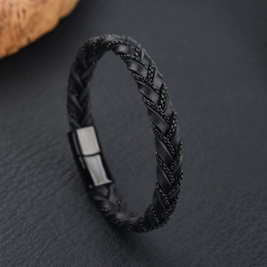 Men's minimalist black braided leather and stainless steel bracelet with magnetic clasp