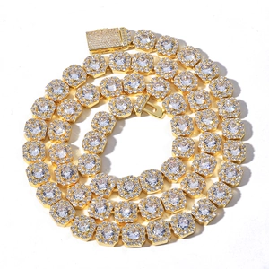 Hip hop 10mm golden square link necklace with icy zircon diamonds on white background