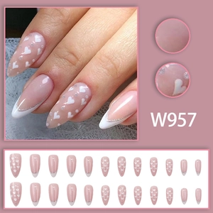 French tip white glitter heart almond press-on nails with 24 pieces in varied sizes