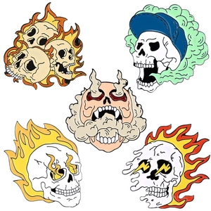 5-piece set of punk gothic flame skull enamel pins for clothing and backpacks