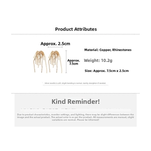 Detailed size chart of long gold tassel earrings with rhinestone and silver needles