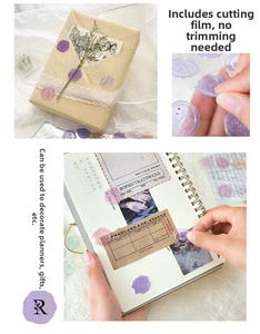 Detailed view of purple wax seal style transparent stickers for gift and journal decor