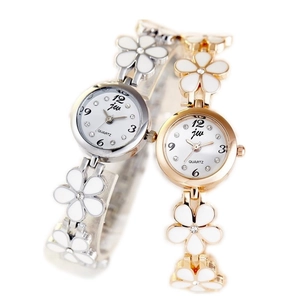 Elegant gold and silver flower-shaped steel strap quartz watches with rhinestone dials