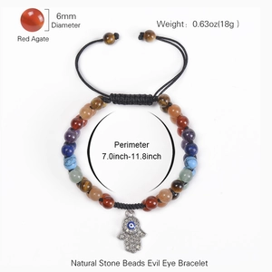 Hamsa hand and evil eye natural stone beaded bracelet with adjustable woven rope cord