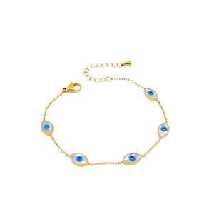 Golden titanium steel chain bracelet with blue evil eye pendants and lobster clasp