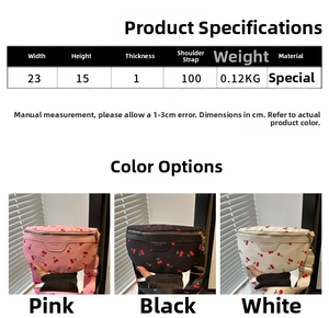 Size chart and details of cherry print crossbody bag showing dimensions and colors