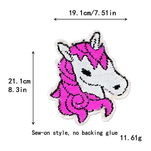 Pink and silver sequin unicorn patch for DIY clothing decoration, 19.1cm x 21.1cm size