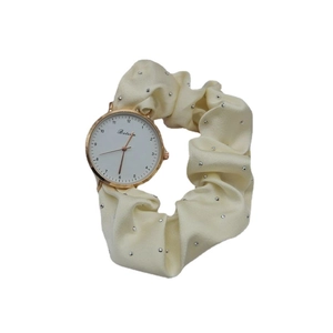 Elegant scrunchie watch for women featuring cream fabric strap with sparkling rhinestones