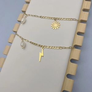 18K gold plated titanium bracelets with daisy, lightning charms and elegant pearls