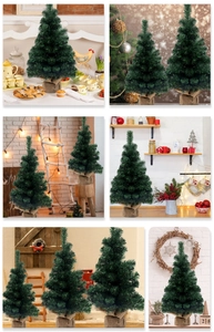 Miniature green Christmas tree in burlap base for cozy Nordic style tabletop decoration