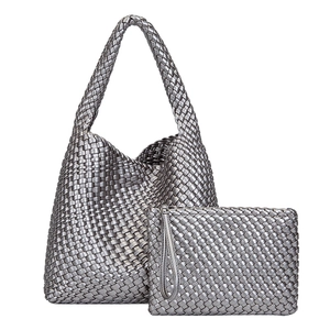 Handwoven silver PU leather tote bag set with large capacity and matching zipper pouch