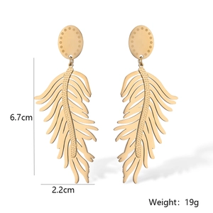 Detail view of 6.7cm gold leaf earrings showing hollow design and dotted texture