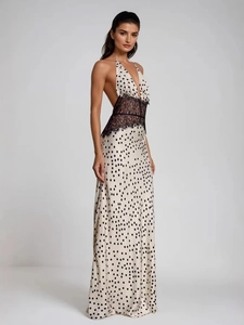 Robe Maxi Licou Élégante Pour Femmes Satin Dos Nu Dentelle Patchwork Sexy Col En V Pois Longues Robes De Soirée