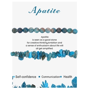Detailed view of natural blue apatite stone beads and chips on branded display card