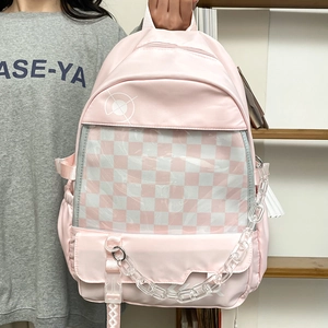 Pink checkered school backpack with clear window and trendy white chain accessory