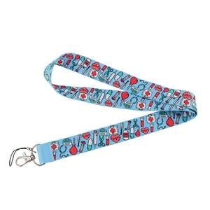 Detail of light blue medical lanyard with stethoscope and heart prints on durable fabric