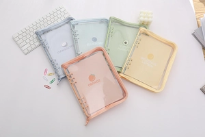 Flat lay of colorful A5 A6 PVC binder notebooks with fruit themed inserts and zippers