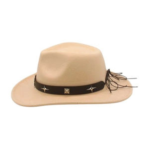 Close-up of beige wool fedora hat featuring leather band with metallic star studs