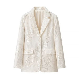 Elegante blazer con paillettes bianco crema con revers classici e due bottoni