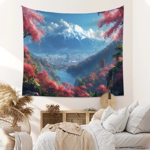 Detail of Mount Fuji tapestry featuring cherry blossoms and pagoda in a cozy bedroom