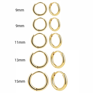 Classic 18K gold plated stainless steel hoop earrings in four sizes from 9mm to 15mm