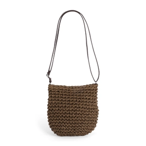 Women's woven straw tote bag in dark brown with adjustable shoulder strap for beach holidays