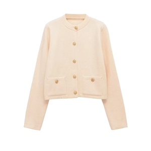 Elegant beige crew neck knit cardigan with embossed gold buttons and dual patch pockets