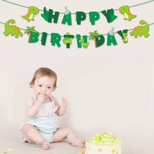 Dinosaur birthday banner with forest theme and cartoon animals for party decoration