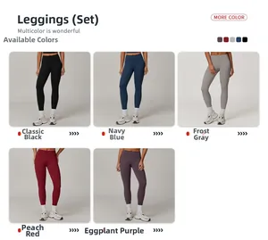 Detailed comparison of high-waist yoga leggings in black, blue, gray, red, and purple hues
