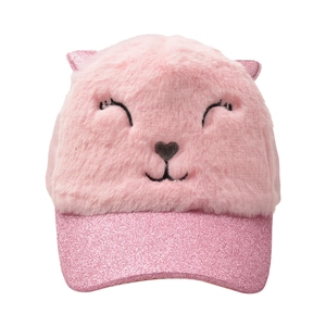 Pink plush cat baseball cap for girls with glitter ears and sequined brim on white background