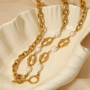Double-layered gold stainless steel necklace with bamboo links and freshwater pearls