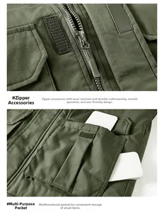 Dettaglio della cerniera resistente e tasche tattiche sul parka verde oliva