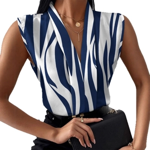 Women's summer sleeveless V-neck shirt featuring blue and white abstract zebra patterns