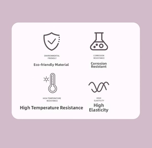 Icons showing eco-friendly, corrosion-resistant, heat-resistant and elastic silicone features