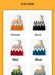 Detail view of winter knitted hats featuring colorful zigzag patterns and fluffy pom-poms
