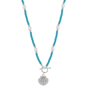 Shell pendant necklace with turquoise beads and freshwater pearls featuring OT toggle clasp
